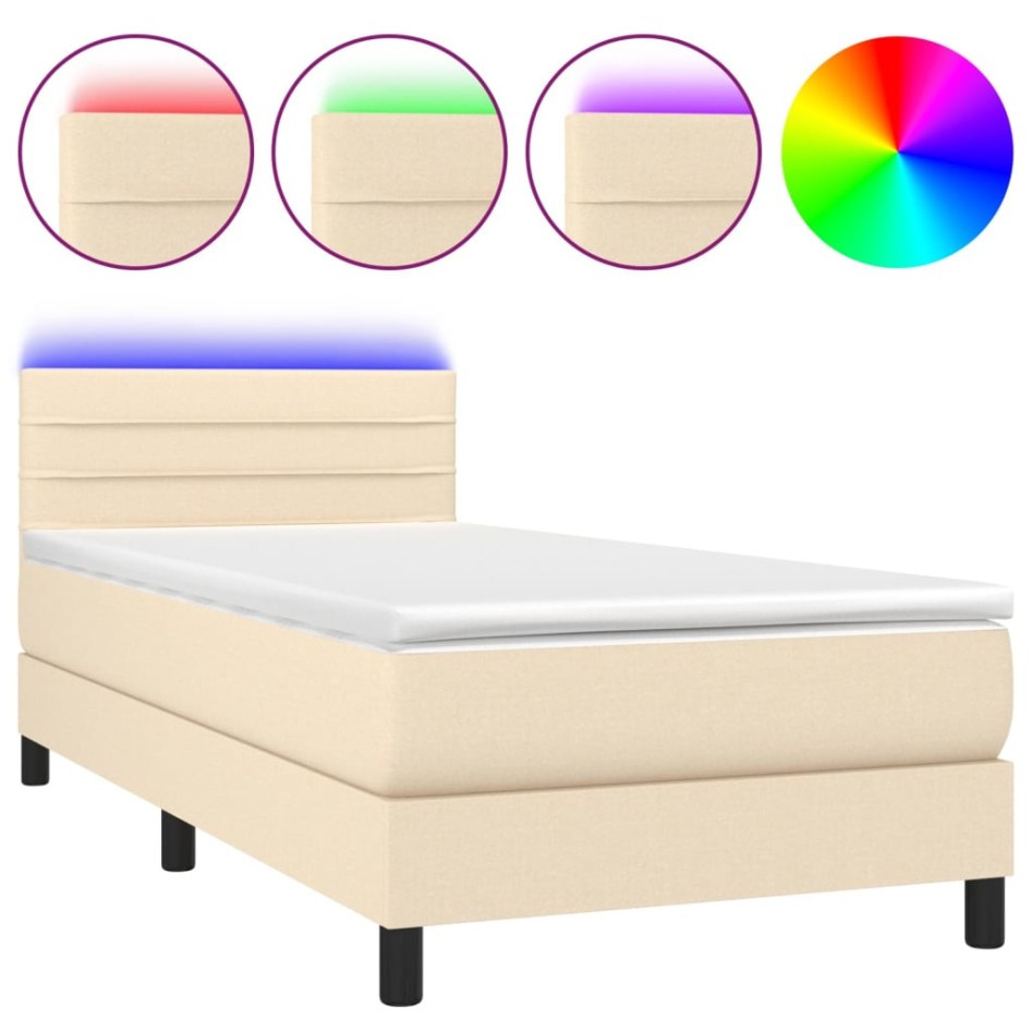 Cama box spring colchón y luces LED tela crema 100x200