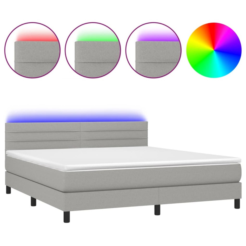 Cama box spring colchón y luces LED tela gris claro 180x200