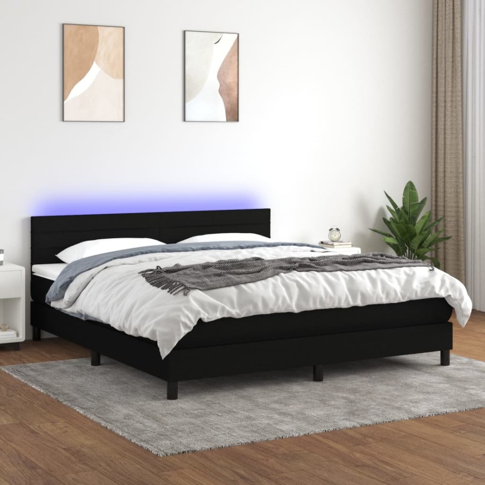 Cama box spring colchón y luces LED tela negro 160x200