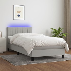 Cama box spring colchón y luces LED tela gris claro 100x200