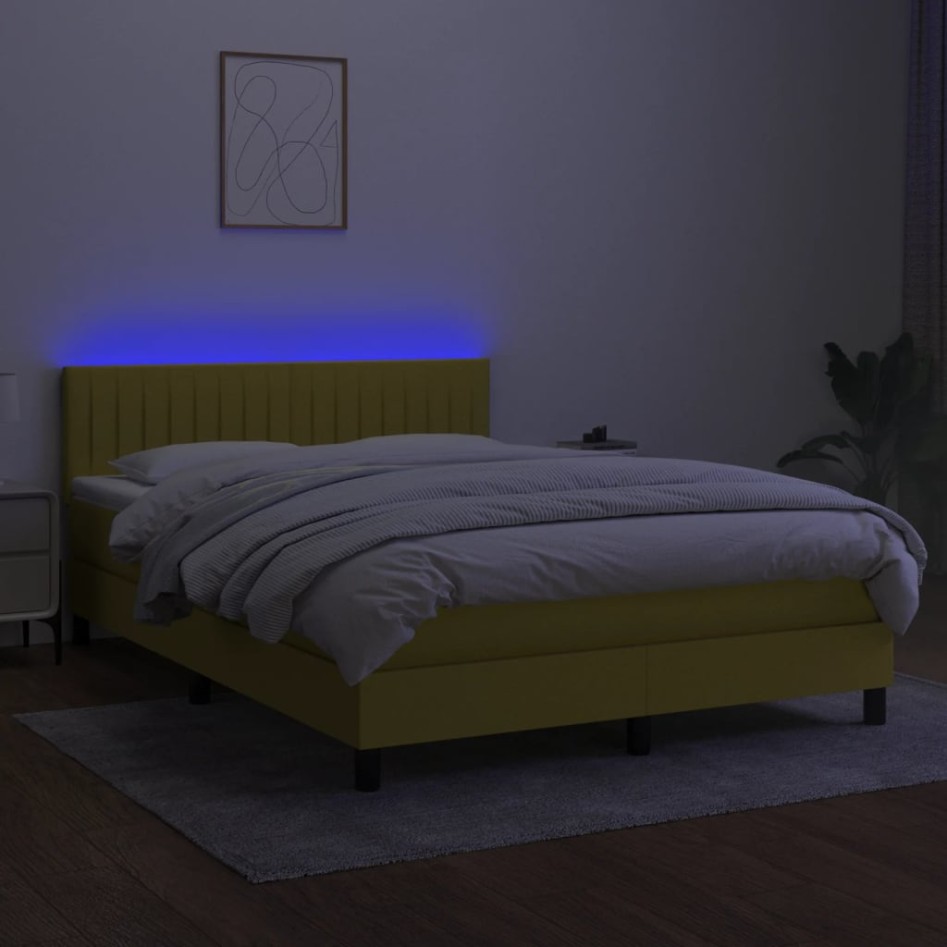 Cama box spring colchón y luces LED tela azul 140x200