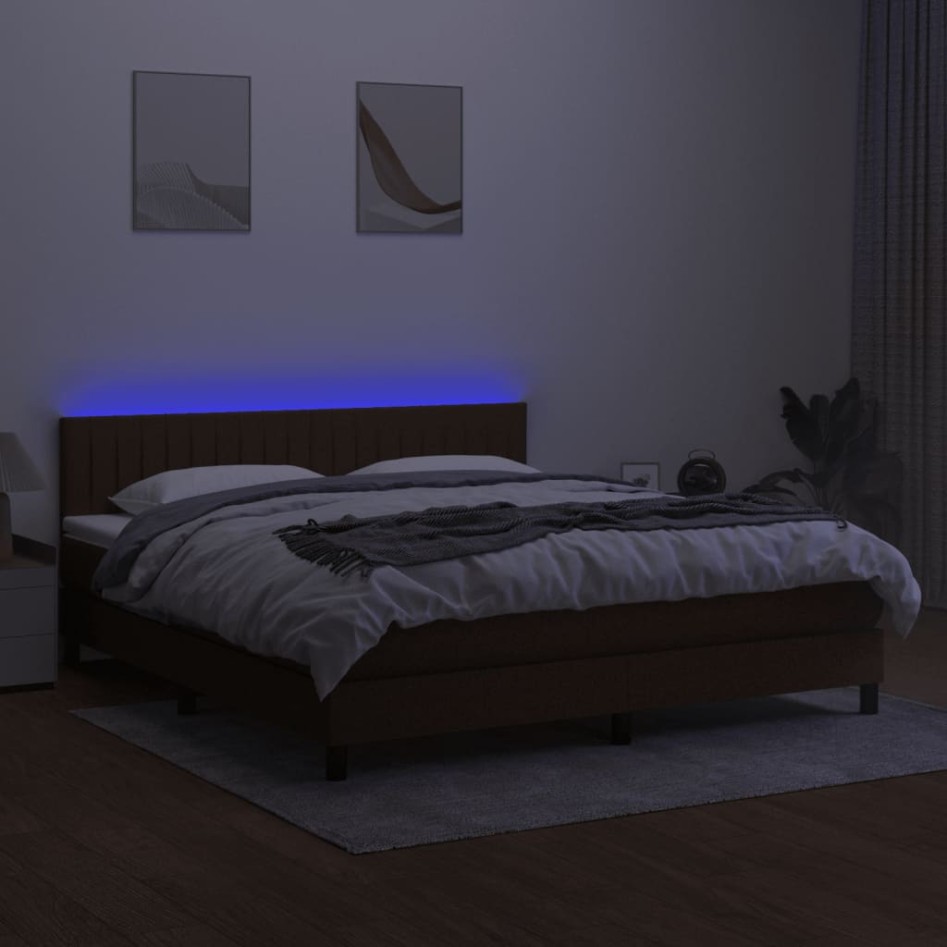 Cama box spring colchón luces LED tela marrón oscuro