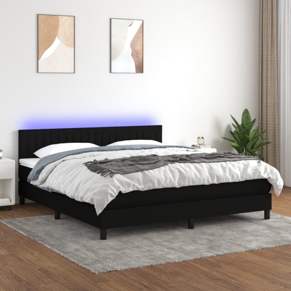 Cama box spring colchón y luces LED tela negro 180x200