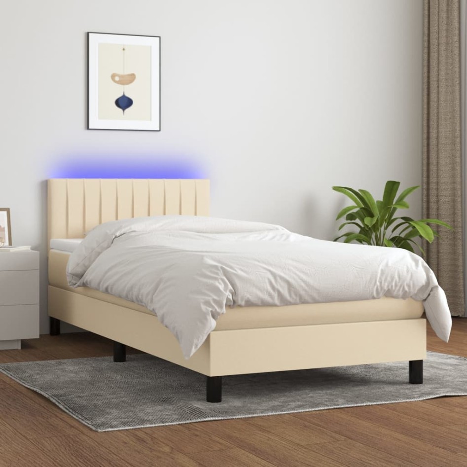 Cama box spring colchón y luces LED tela crema 100x200
