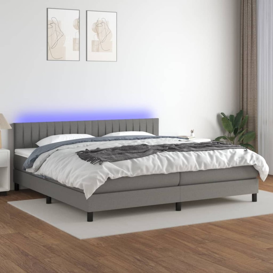 Cama box spring colchón y luces LED tela gris claro 200x200