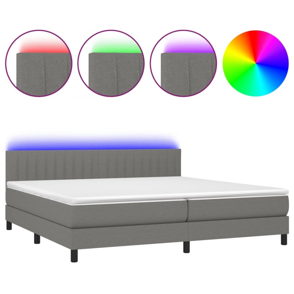 Cama box spring colchón y luces LED tela gris claro 200x200