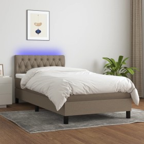 Cama box spring colchón y luces LED tela gris taupe 100x200