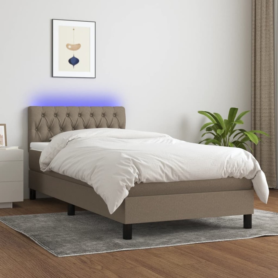 Cama box spring colchón y luces LED tela gris taupe 100x200