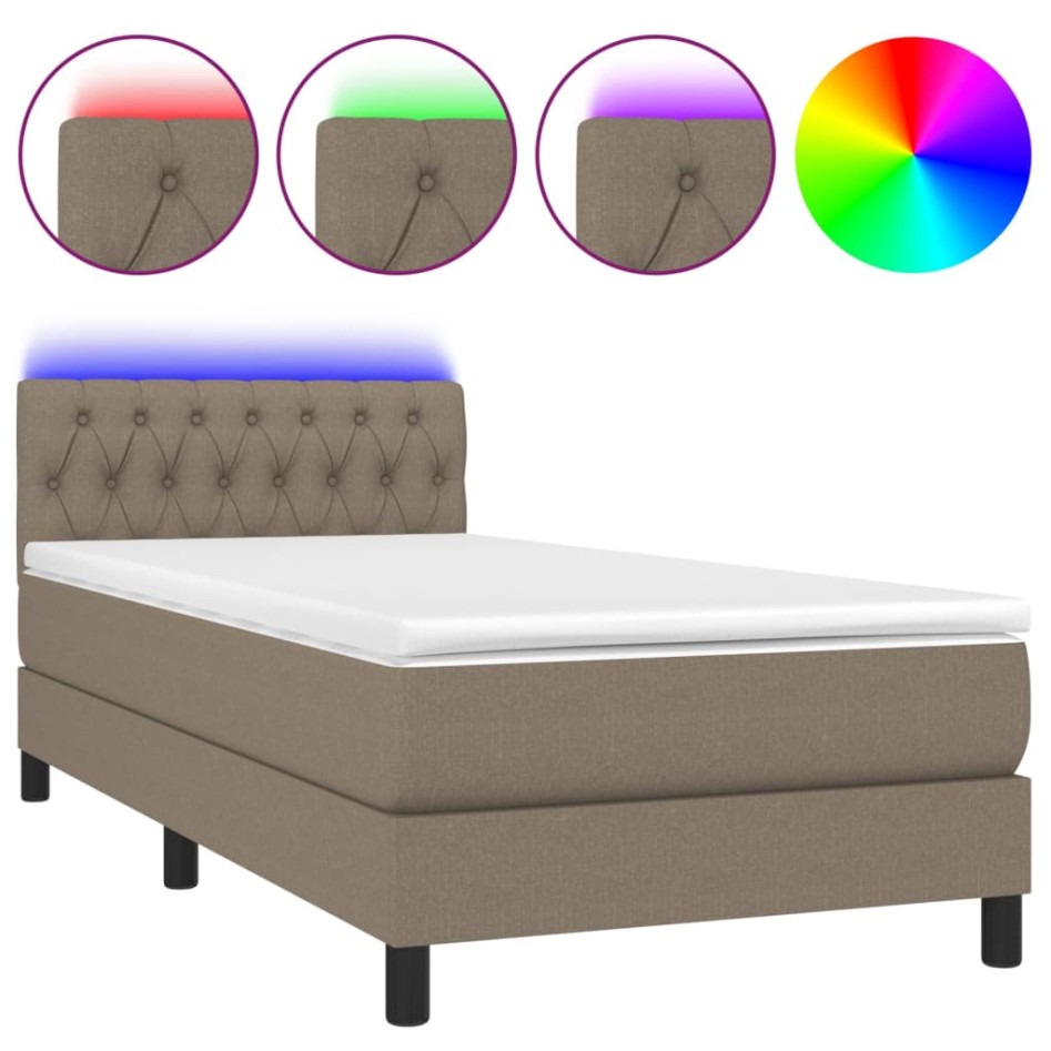 Cama box spring colchón y luces LED tela gris taupe 100x200