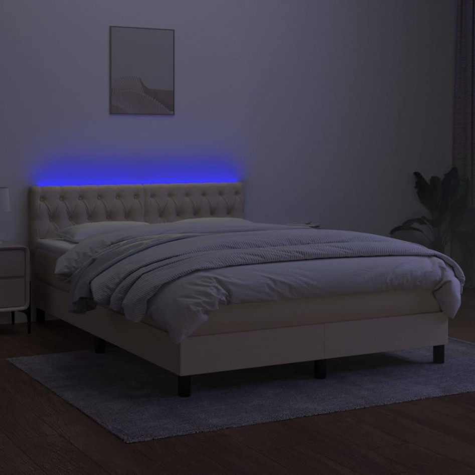 Cama box spring colchón y luces LED tela crema 140x190