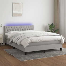 Cama box spring colchón y luces LED tela gris claro 140x190