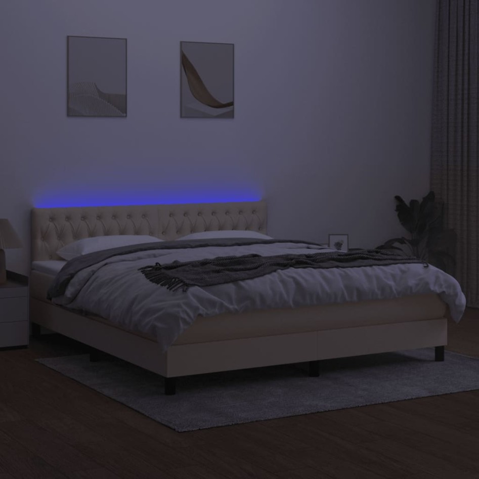 Cama box spring colchón y luces LED tela crema 160x200