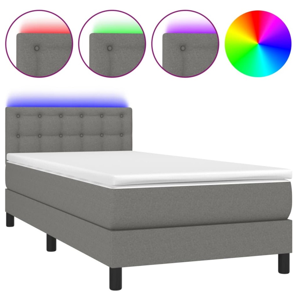 Cama box spring colchón y luces LED tela gris oscuro 90x200
