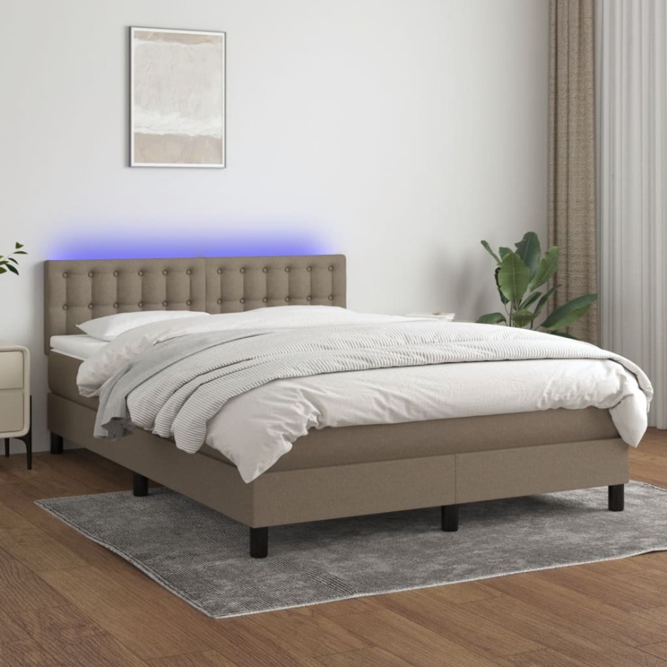 Cama box spring colchón y luces LED tela gris taupe 140x190