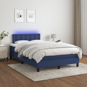 Cama box spring con colchón y LED tela azul 120x200