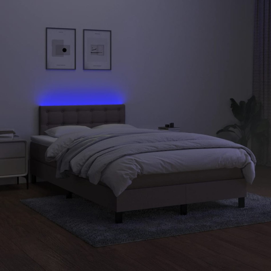 Cama box spring con colchón y LED tela gris taupe 120x200