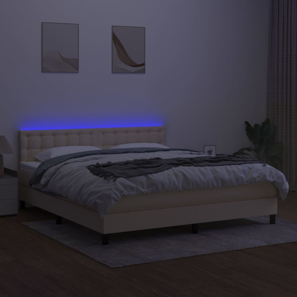 Cama box spring colchón y luces LED tela crema 160x200