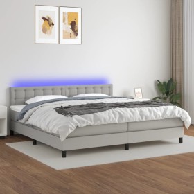 Cama box spring con colchón tela y LED gris claro 200x200