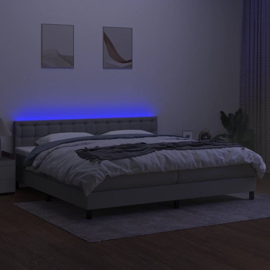 Cama box spring con colchón tela y LED gris claro 200x200