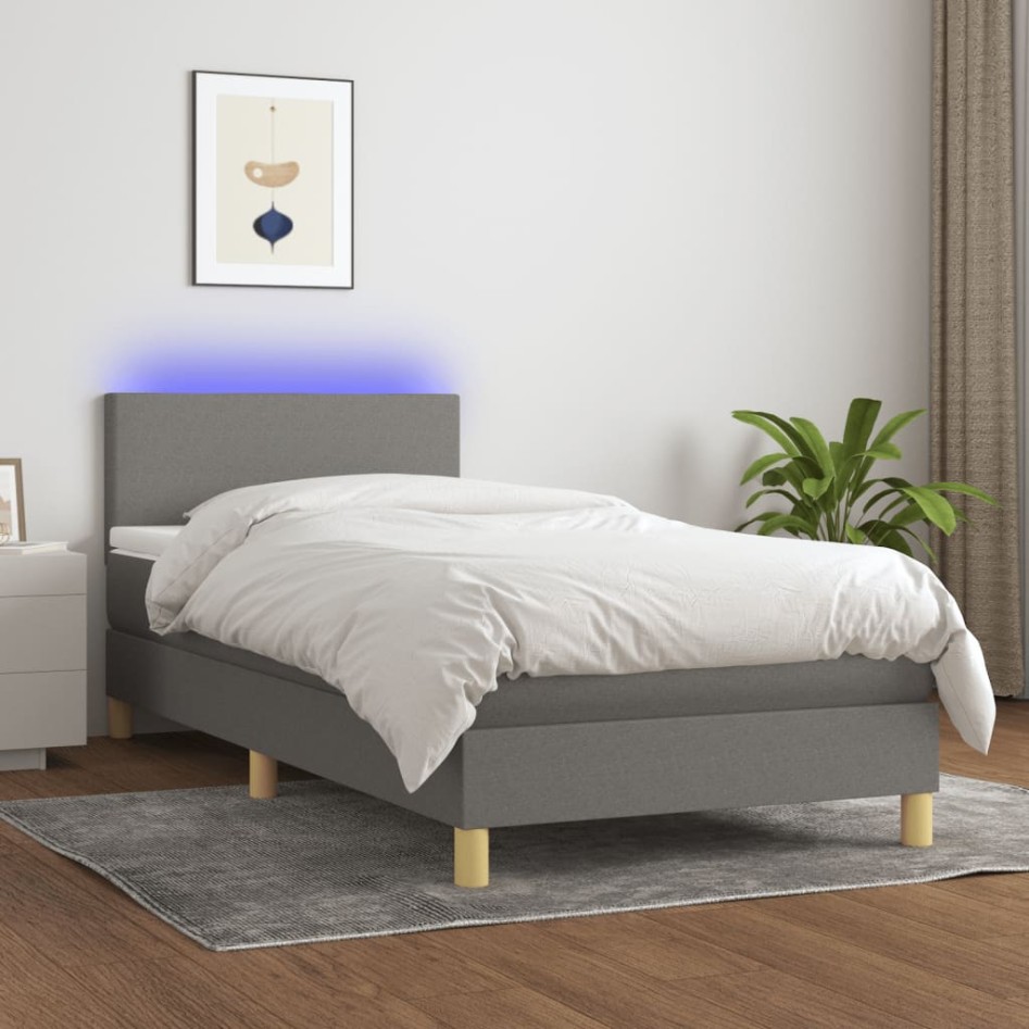 Cama box spring colchón y luces LED tela gris oscuro 100x200