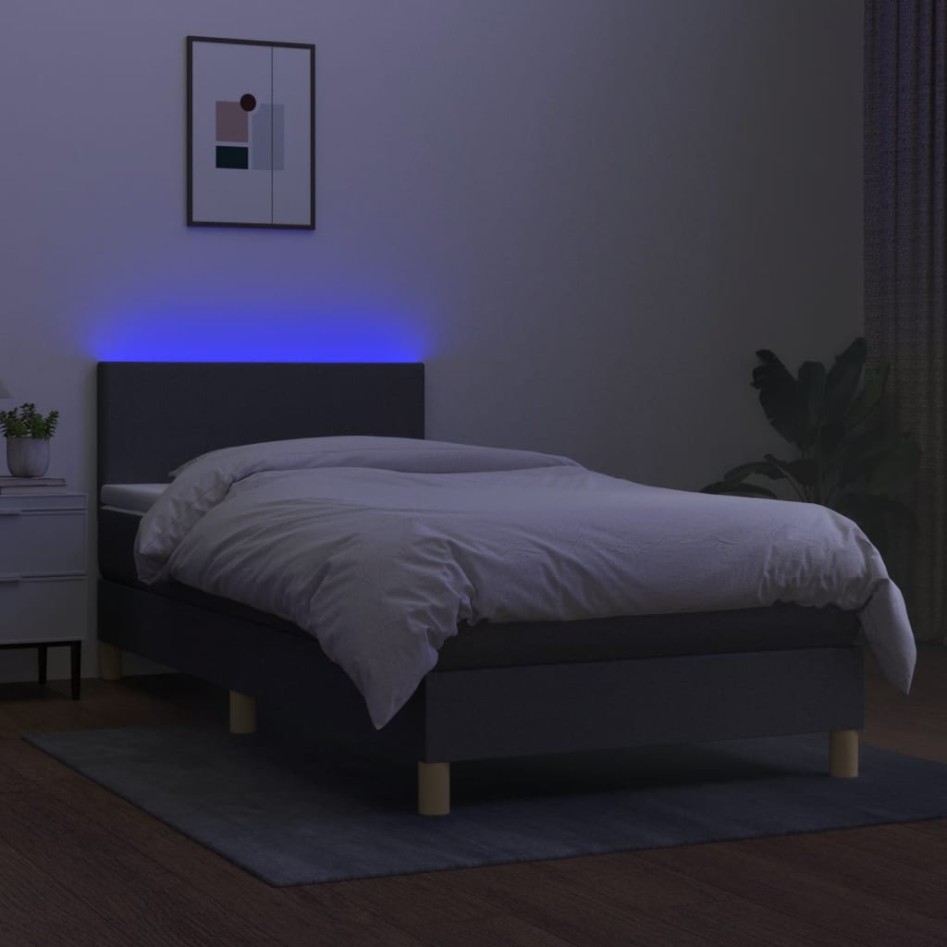 Cama box spring colchón y luces LED tela gris oscuro 100x200