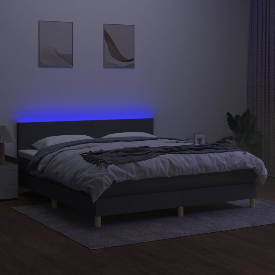 Cama box spring con colchón y LED tela gris oscuro 180x200