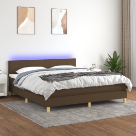 Cama box spring con colchón LED tela marrón oscuro 180x200