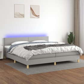Cama box spring con colchón tela y LED gris claro 200x200