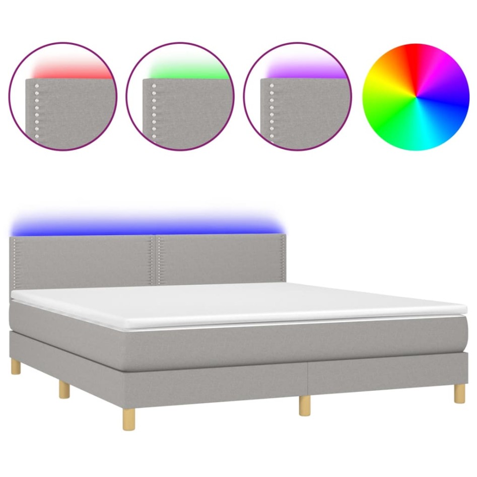 Cama box spring con colchón tela y LED gris claro 180x200