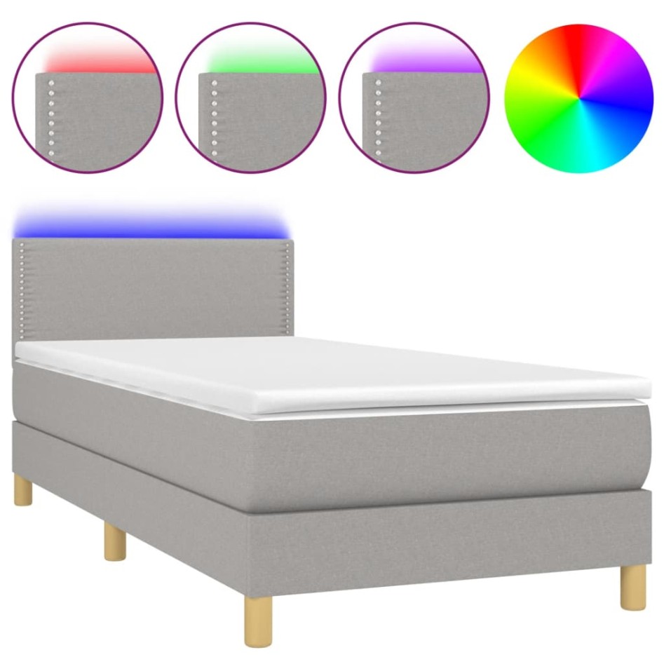 Cama box spring con colchón tela y LED gris claro 100x200