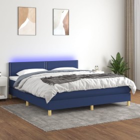 Cama box spring con colchón y LED tela azul 160x200