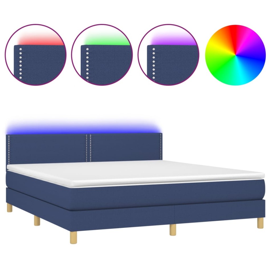 Cama box spring con colchón y LED tela azul 160x200