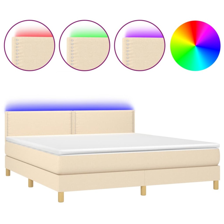 Cama box spring con colchón y LED tela crema 180x200