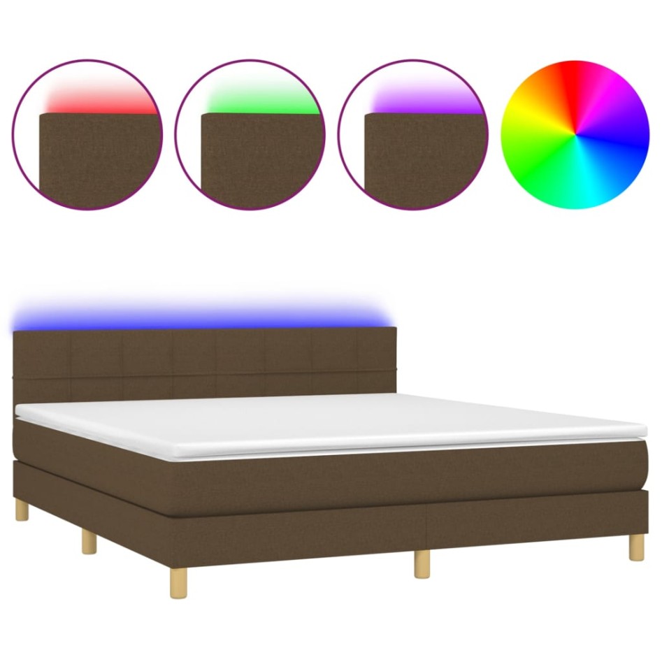 Cama box spring con colchón LED tela marrón oscuro 160x200