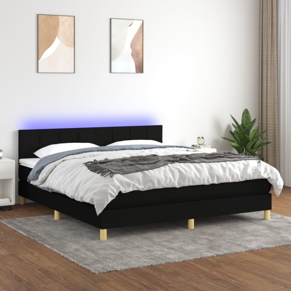 Cama box spring con colchón LED tela negro 180x200