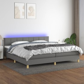 Cama box spring con colchón y LED tela gris oscuro 200x200