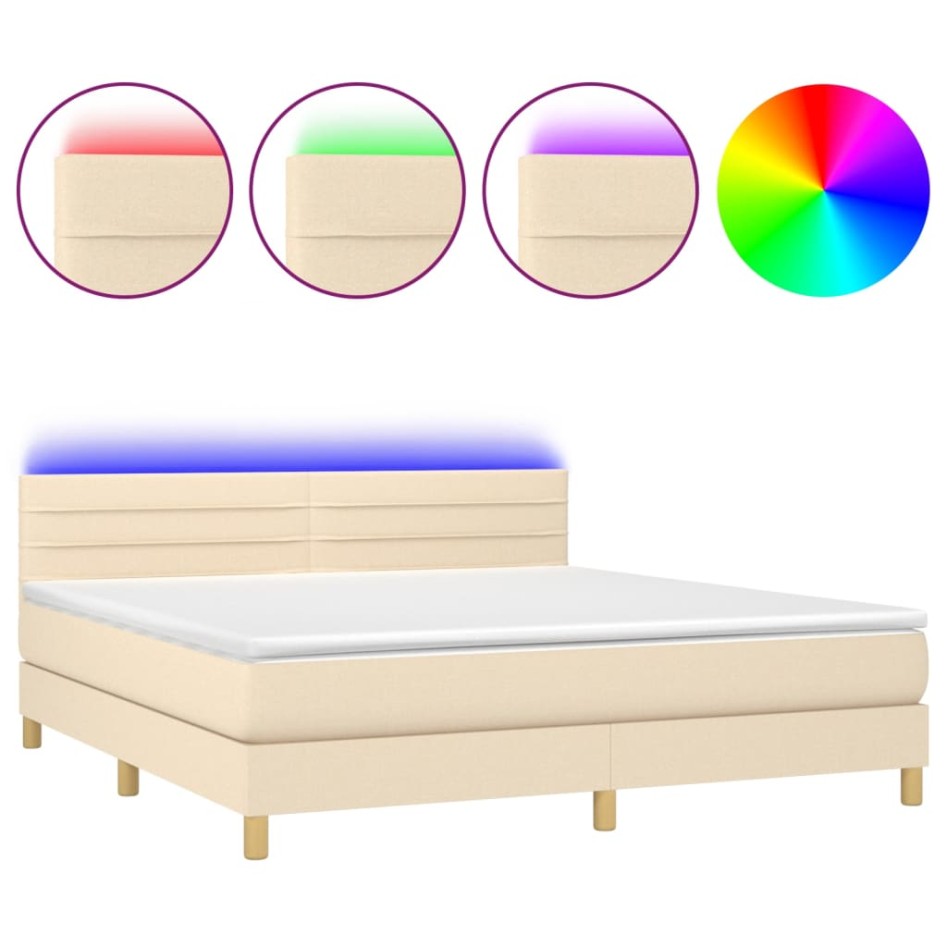Cama box spring con colchón y LED tela crema 160x200