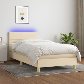 Cama box spring con colchón y LED tela crema 80x200