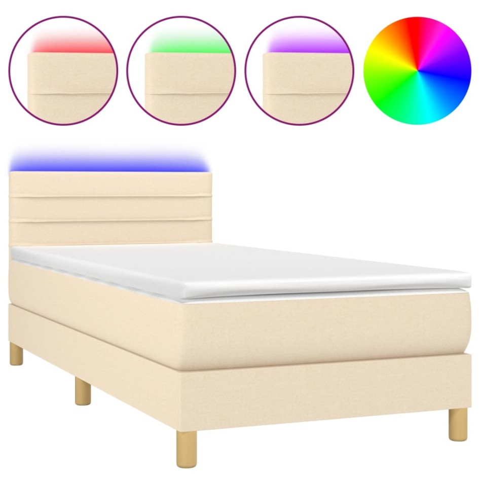 Cama box spring con colchón y LED tela crema 80x200