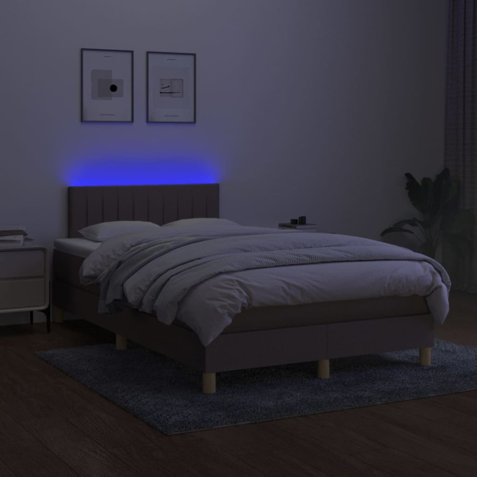Cama box spring con colchón y LED tela gris taupe 120x200