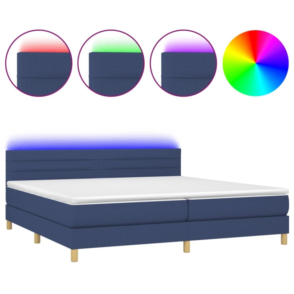 Cama box spring con colchón y LED tela azul 200x200