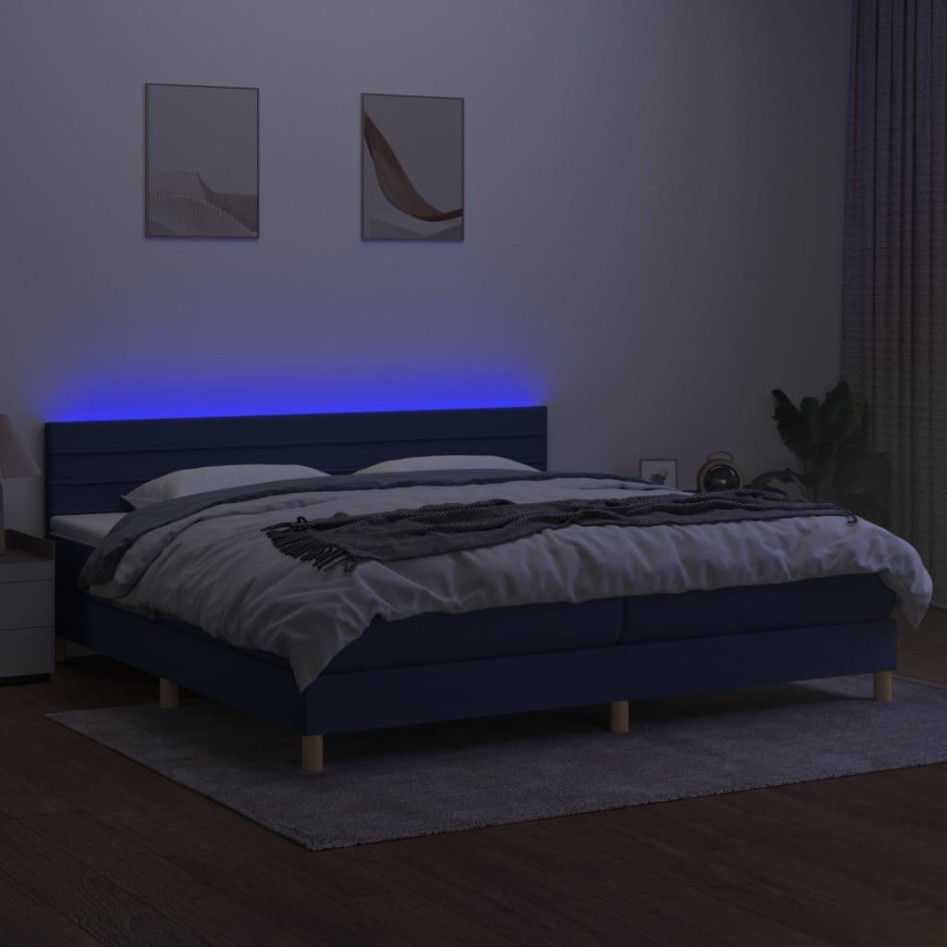 Cama box spring con colchón y LED tela azul 200x200