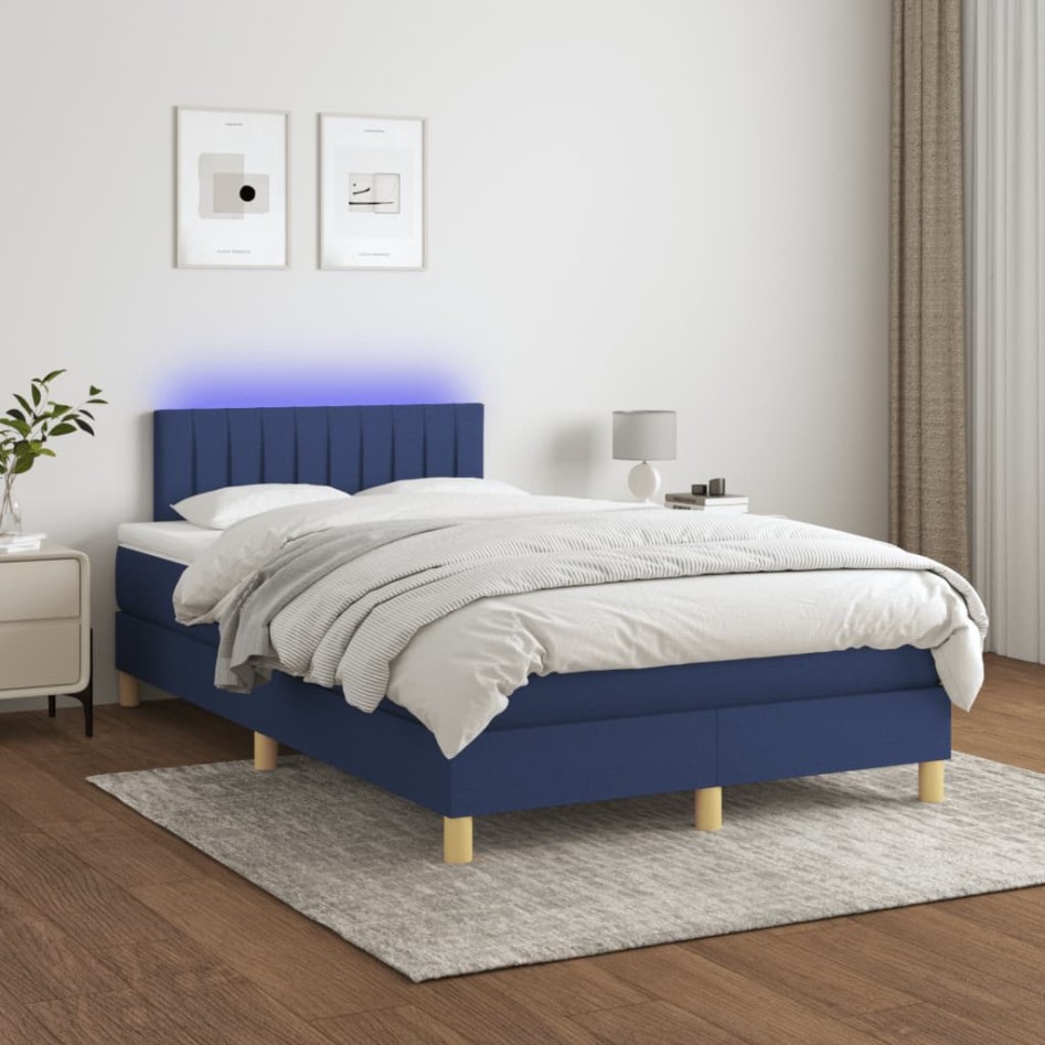 Cama box spring con colchón y LED tela azul 120x200
