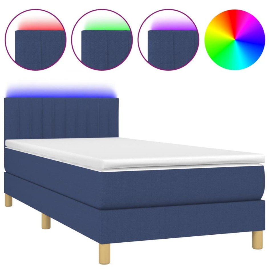 Cama box spring con colchón y LED tela azul 100x200