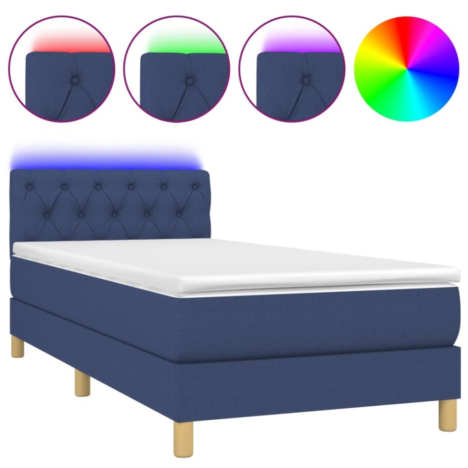 Cama box spring con colchón y LED tela azul 80x200