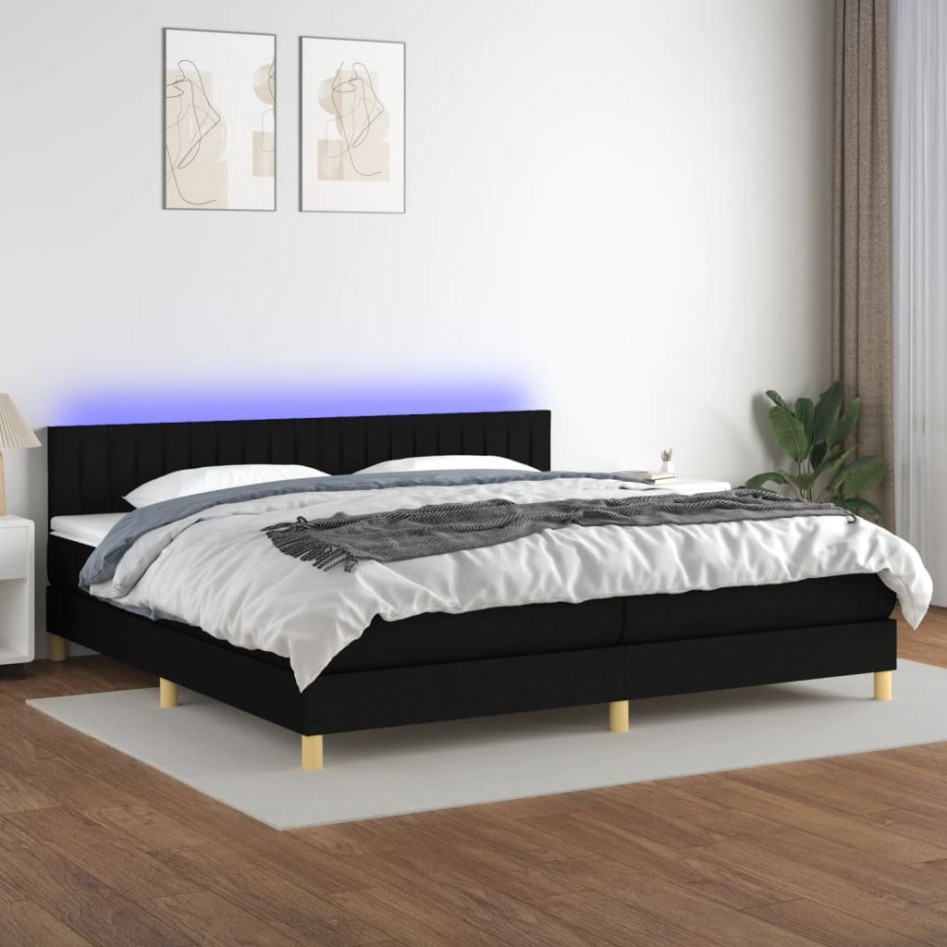 Cama box spring con colchón LED tela negro 200x200