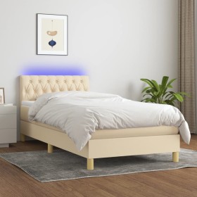 Cama box spring con colchón y LED tela crema 90x190