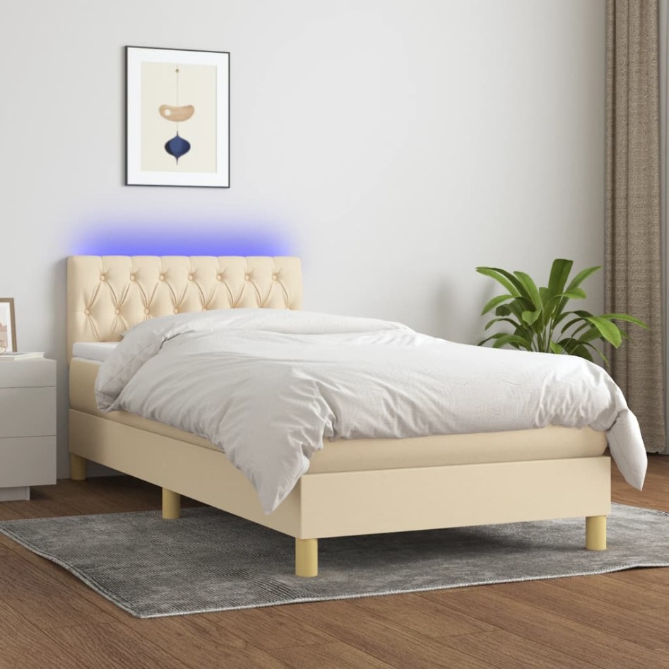 Cama box spring con colchón y LED tela crema 90x190