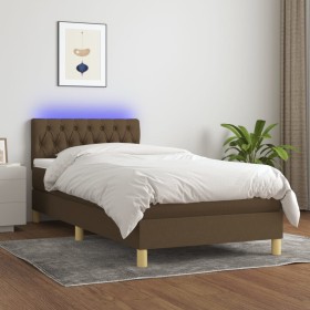 Cama box spring con colchón LED tela marrón oscuro 100x200