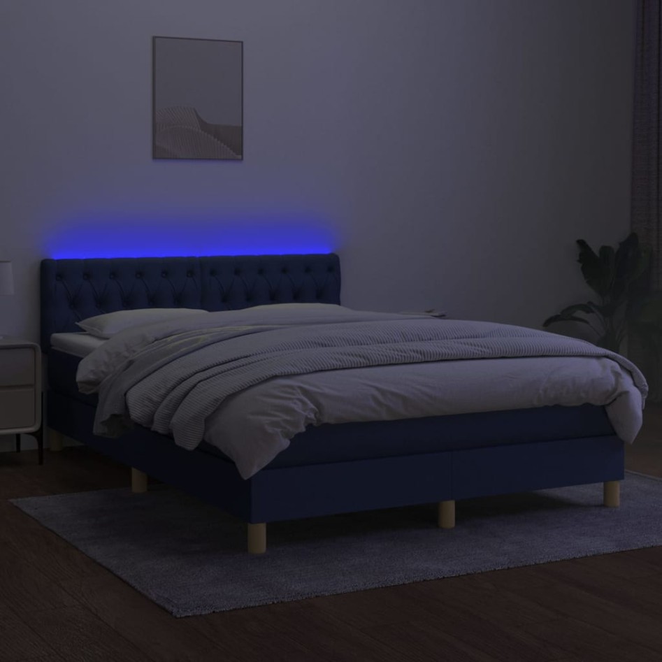Cama box spring colchón y luces LED tela azul 140x190